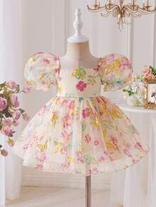 SHEIN 女婴方领花卉网纱方领泡泡袖休闲连衣裙 - 彩色 - 查看 3