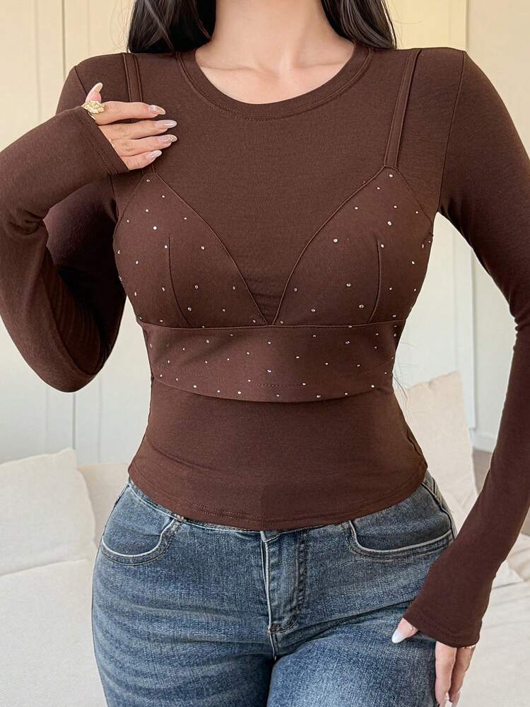 Women's Elegant Slim Fit 2 In 1 Rhinestone Embellished Long Sleeve T-Shirt, Suitable For Spring And Summer