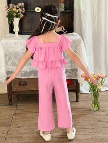 LMoss Kids Young Girl Elegant Ruffled Collar Cap Sleeve Top And Straight Leg Pants Set, Pink, Spring/Summer - Pink - View 2