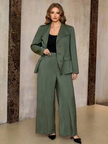 Roveilla 大码女式纯色翻领长袖束腰外套搭配宽松阔腿裤，通勤日常基础套装；纯色两件套束腰套装，适合秋冬季节；橄榄绿裤装夏季套装；绿色两件套；两件套女式优雅裤装；女士套装；绿色两件套；两件套女式优雅套装 - 綠色 - 查看 7