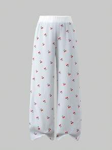 Tween Girl Cherry Letter Print Round Neck Short Sleeve T-Shirt And Striped Pants Casual Outfit - White - View 3