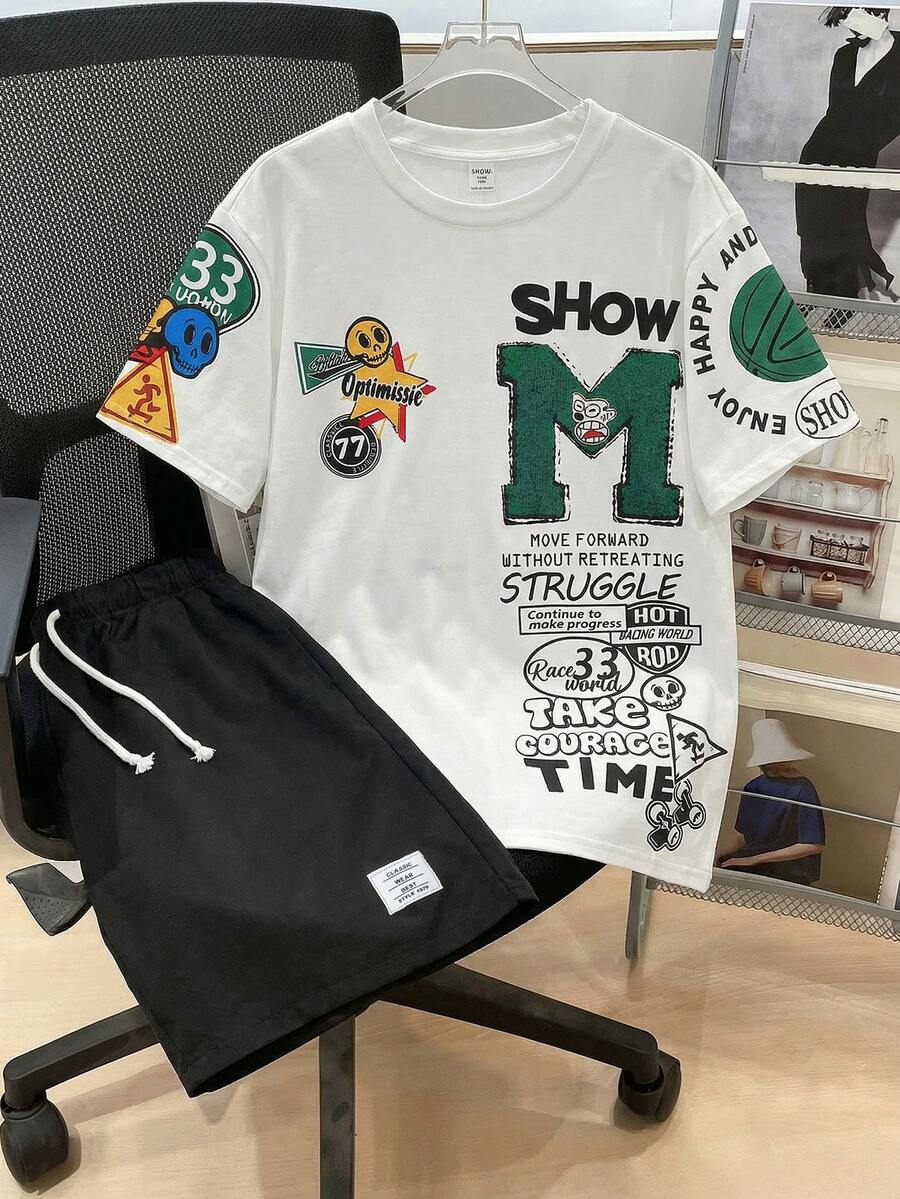 SHEIN 2pcs/Set Teen Boys' Casual Short Sleeve T-Shirt And Shorts Set, Street Punk Rock School Style, Suitable For Spring/Summer, Graffiti Print & Color Block - Multicolor - View 1