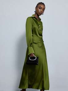 Aveloria Modichic 橄榄绿缎面质感两件套，深V领灯笼袖上衣搭配褶皱腰身鱼尾裙 - 綠色 - 查看 3