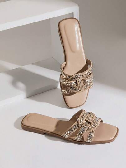 SHUZIA Women Elegant Crisscross Rhinestone Decor Slip-On Flat Sandals