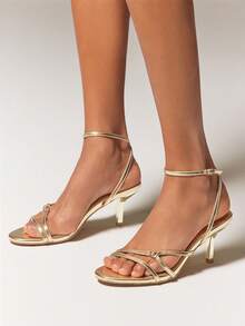 SHUZIA Women's Elegant Minimalist Round Toe Ankle Strap Stiletto Heel Sandals - Gold - View 2