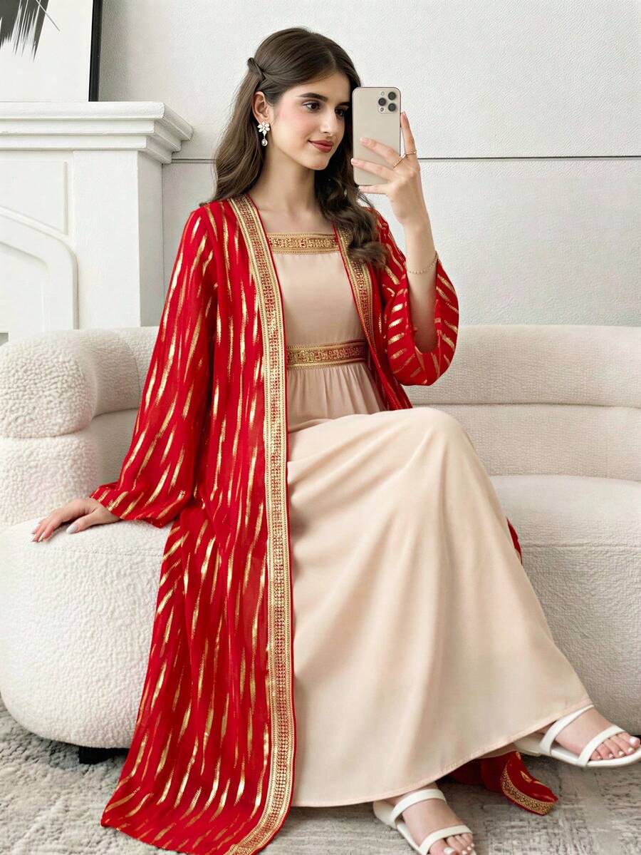 2 pièces/Set Style élégant moyen-oriental Top à manches longues et veste pour adolescentes, avec silhouette raffinée, accents texturés délicats, lignes évasées douces et superposition légère. Convient pour les représentations, les campus et un port polyvalent en toutes saisons - Multicolore - Voir 1