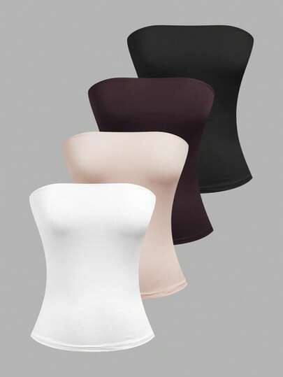SHEIN EZwear 4pcs Women's Solid Color Ribbed Casual Tube Tops, Summer