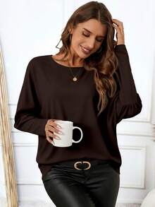 EMERY ROSE Women's Casual Minimalist Dark Brown Batwing Sleeve T-Shirt, Autumn - Multicolor - View 3