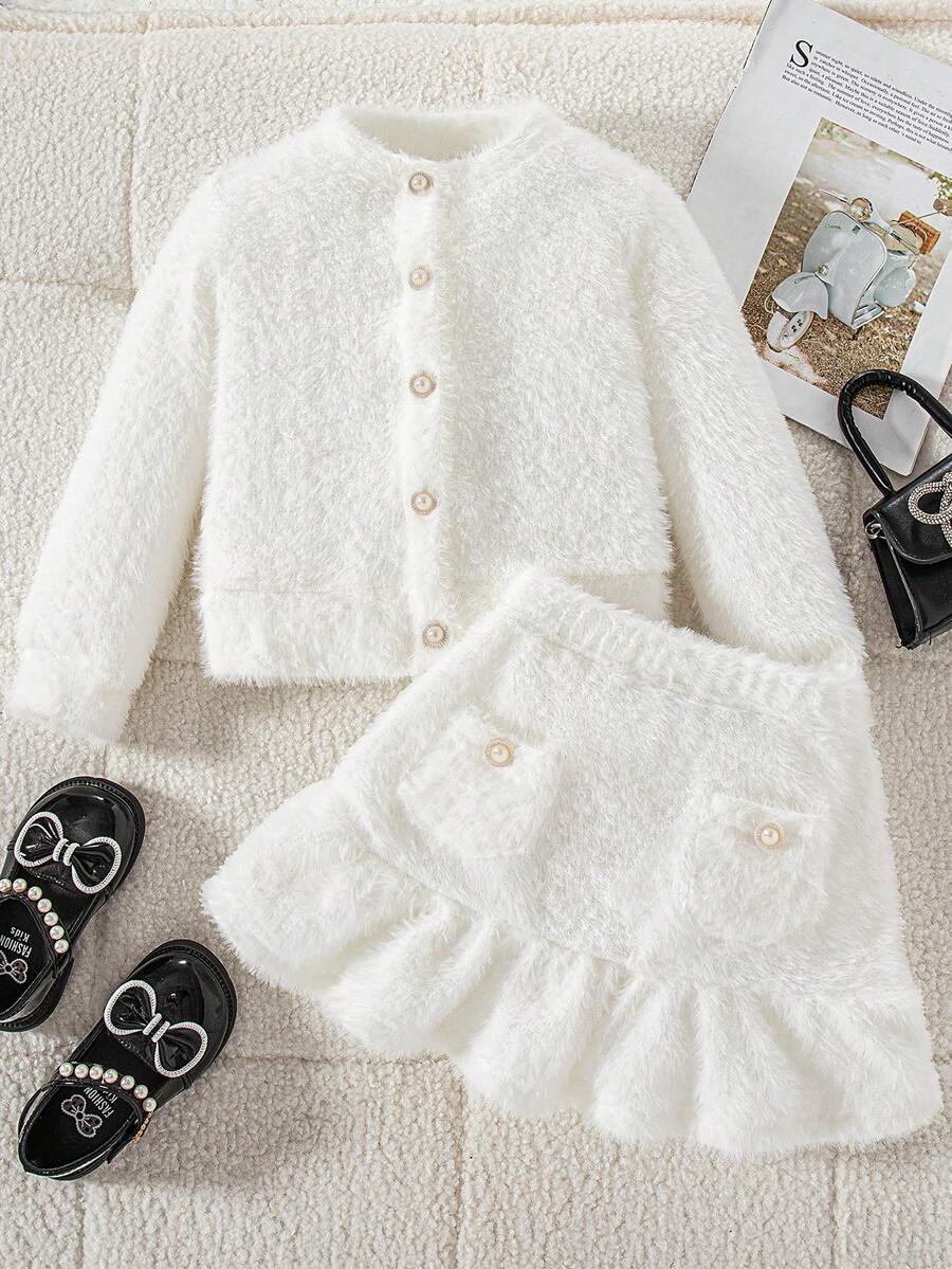 Elladie kids Young Girls Fashionable, Sweet And Cute Fluffy Long Sleeve Top Jacket With Pocket Decorated Skirt, Casual Minimalist White Jacket Set - White - View 1