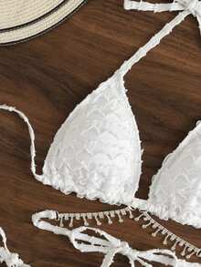 BamGleam Summer Beach Textured Bikini Set Rhinestone Fringe Triangle Bra Top & Tie Side Bikini Bottom 2 Piece Bathing Suit - White - View 4
