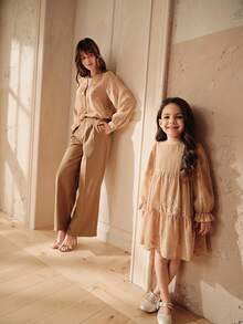 SHEIN Glamorique Kids 少女亮片刺绣雪纺贴花优雅长袖连衣裙 - 杏色 - 查看 6