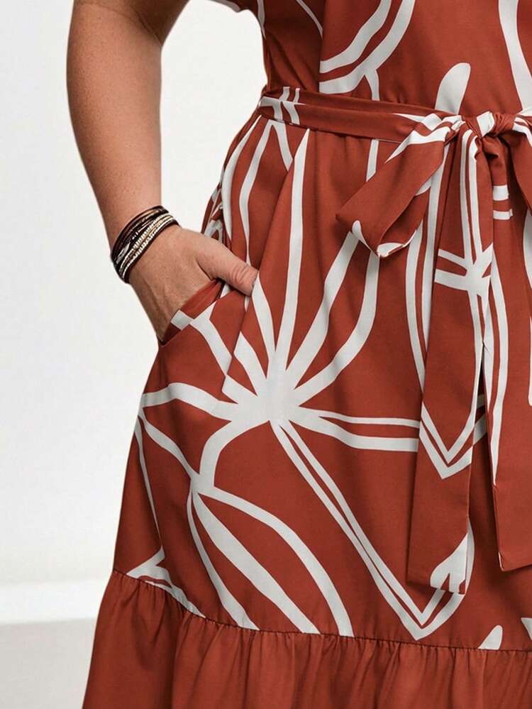 Plus Size All-Over Print Notched Neck Belted Short Sleeve Dress/Summer/Spring/Vacation
