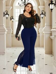 SHEIN Clasi Pantalones pitillo con volantes de encaje y parches, en color negro, talla grande - Azul - Ver 4