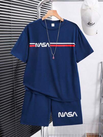 SHEIN 2pcs/Set Teenage Boys Casual Letter Graphic Round Neck Short Sleeve T-Shirt And Shorts Set, Suitable For Summer