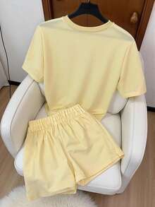 Airaco Bộ đồ mùa hè cỡ lớn, kiểu dáng thường ngày, gồm áo thun ngắn tay và quần short thêu họa tiết chanh, gồm 2 món. - Màu vàng - Xem 2