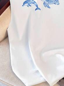 Manfinity Joysei 男士标准尺码休闲白色背心，印有海豚、海龟、水母图案，适合度假、休闲外出穿着。 - 白色 - 查看 4