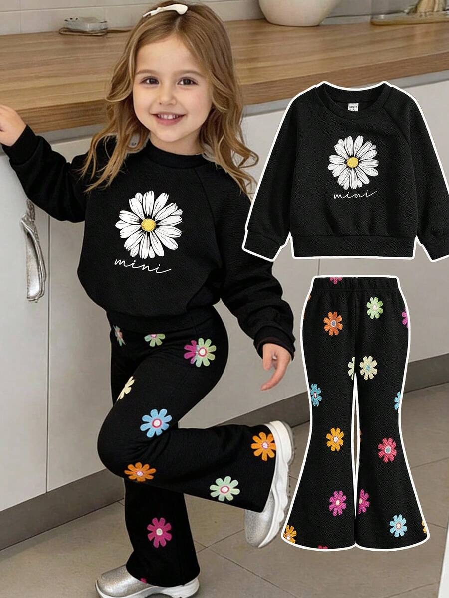 2pcs Baby Girl Loose Casual Minimalist Comfortable Round Neck Long Sleeve  Floral Pattern Sweatshirt And Flare Pants Set  Floral Pattern Knit Soft Crew Neck Long Sleeve Sweatshirt And Long Pants Set - Multicolor - View 1