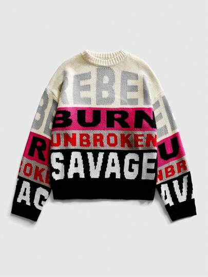 Street Life Men's Letter Jacquard Crew Neck Long Sleeve Casual Sweater, Autumn/Winter