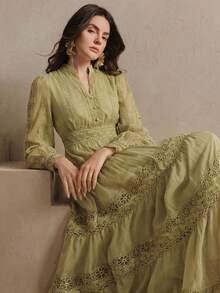 Anewsta Elegant Women's Lime Green A-Line Long Dress With Notched Neckline Ruffle Hem And Organza Puff Extra-Long Sleeves For Spring Summer - Lime Green - View 4