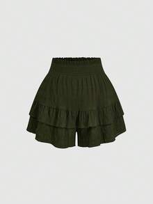 EMERY ROSE Plus Size Women Summer Casual Vacation Style Solid Color High Waist Ruffle Hem Shorts - Army Green - View 4