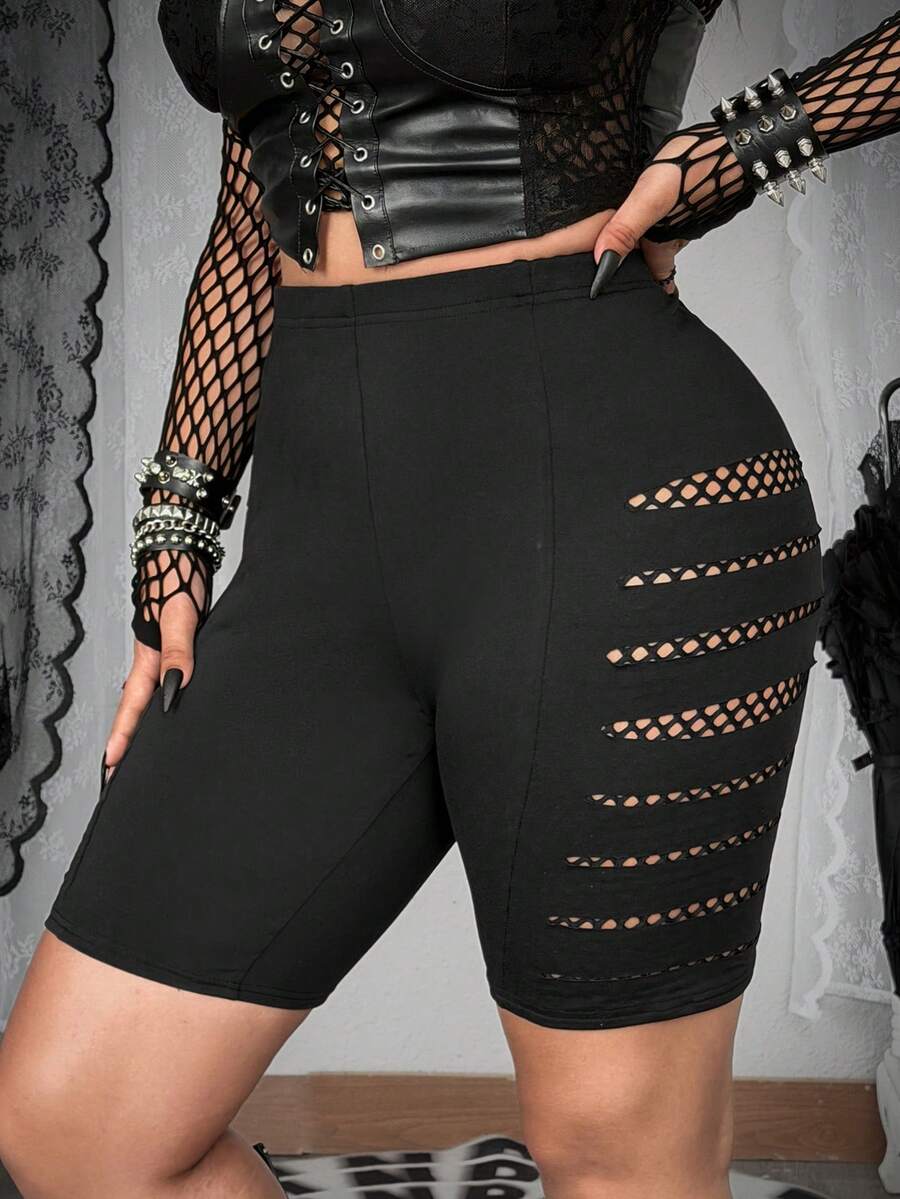 Whyspr 破洞网眼拼接七分弹力紧身裤 - 黑色 - 查看 1