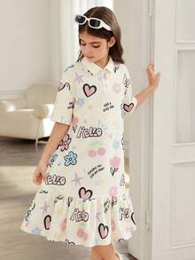 SHEIN 少女休闲街头风涂鸦爱心字母印花翻领宽松超大款拼接褶皱Polo衫裙，短袖中长款 - 米色 - 查看 3