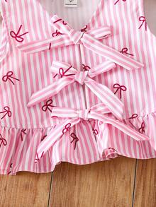 2件套少女编织条纹蝴蝶结装饰休闲吊带背心和短裤套装 - 粉色 - 查看 3