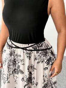 Elenzga Elegant Floral Print Sleeveless A-Line Waist Tie Dress, Suitable For Music Parties, Holidays, Daily Wear, Shopping, Commuting Plus Size Floral Maxi Skirt Elegant Curve Dress Plus Size Elegant Dress Plus Size Evening Dress Plus Size Long Skirts Floral Print Skirt Long Skirts And Top Set Long Skirt 2 Piece Elegant Skirt - Black - View 6