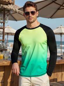 Manfinity Swimmode Men's Ombre Round Neck Long Sleeve Surfing T-Shirt, Beach Vacation Men Rash Guard Men Long Sleeve Swim Shirt Long Sleeve Surf Shirt Beach Wear For Men - Green - View 3