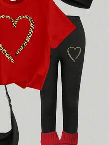 春夏秋季少女休闲时尚创意个性清新别致简约豹纹爱心印花基础款短袖T恤和打底裤套装，舒适百搭，适合情人节氛围 - 彩色 - 查看 5