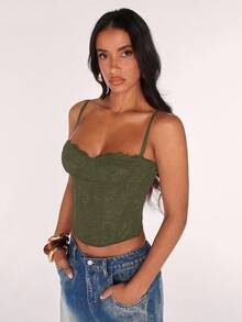 SHEIN BAE Áo hai dây ren xuyên thấu gợi cảm, thích hợp cho tiệc tùng, hẹn hò, đi làm, áo lót dễ thương, áo gợi cảm đi club, áo corset, áo không dây, áo đi chơi, áo mùa hè, áo dễ thương, áo mùa hè cho nữ, áo ren. - xanh quân đội - Xem 5