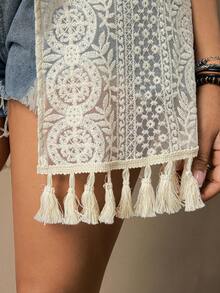 Freevana Plus Size Women Vacation Fringe Cuff Loose Kimono Cover Up,Plus-Size Kimonos, Plus-Size Three-Quarter Sleeve Shirts, Plus-Size Beachwear, V-Neck Three-Quarter Sleeve Jackets, Casual Vacation Tops, Sun-Protective Clothing, Tassel Embellishments On Cuffs And Hem, Geometric Lace Patterns, Openwork Tops.Plus-Size Women'S Apricot-Colored Openwork Crochet Kimono, Lace Jacket, Loose Mid-Length Sleeves, Romantic Early Spring Beach Warm Kimono Shirt, Women'S Beach Kimono 2026 Summer Beach,Large Size Beach Kimono Plus-Size Lace Crochet Tassel Hem Kimono Summer Lace Kimono Boho Kimono Lace Cover Up Summer Cardigan For Women Crochet Cover Up - Apricot - View 3