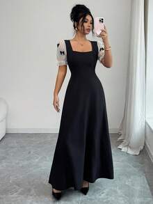 Elenzga 女士优雅通勤连衣裙，蝴蝶结装饰泡泡袖，夏季 - 彩色 - 查看 6