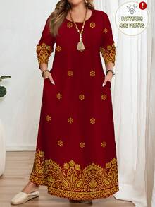EMERY ROSE Sparkly Floral Print Plus Size Long Sleeve Round Neck Dress, Suitable For Holidays,Vacation/Summer/Spring - Multicolor - View 1
