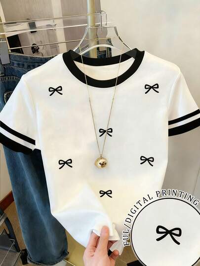 Resyla Women's Loose Casual Crew Neck T-Shirt With Bow Print And Contrast Striped Pattern