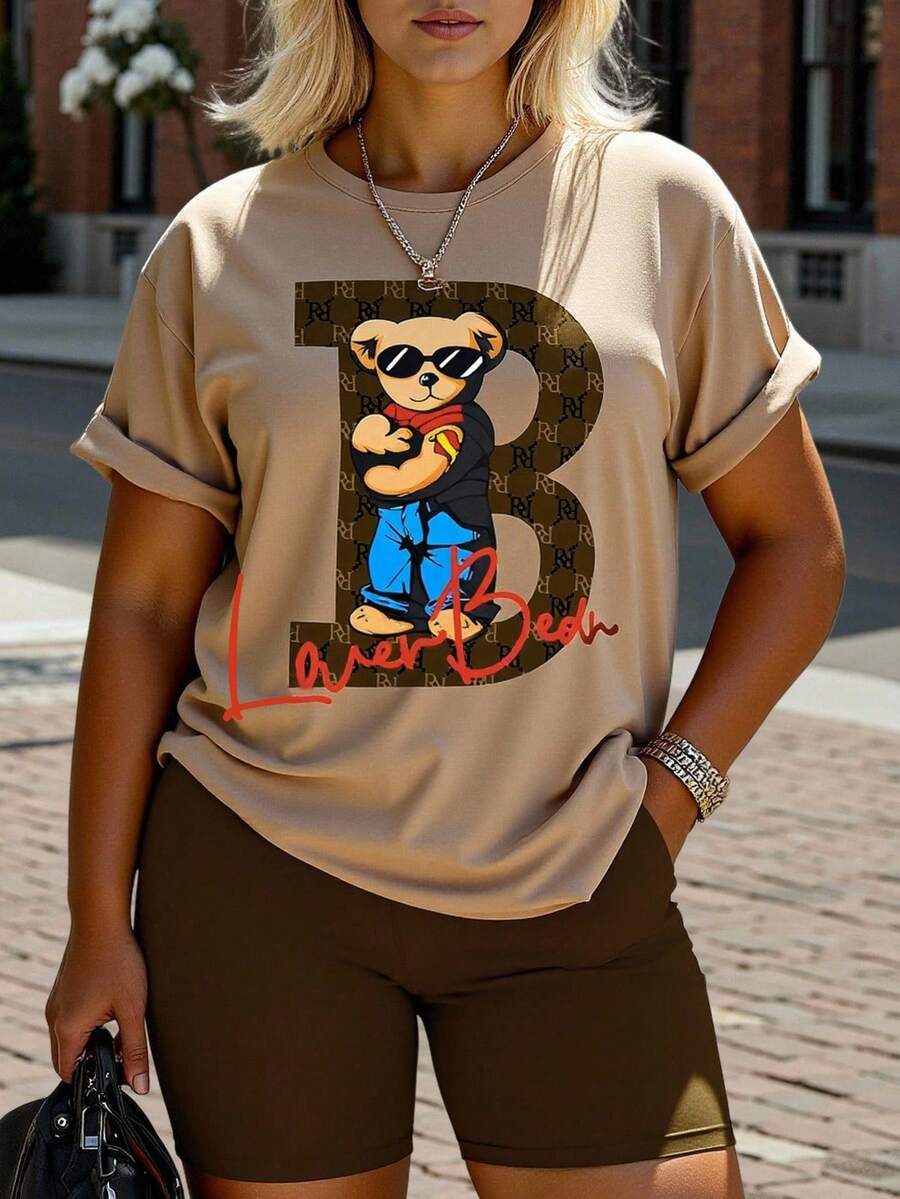 SHEIN Bear Printed T-Shirt And Solid Color Shorts 2pcs/Set - Multicolor - View 1