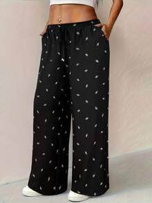 Vionelle Plus Size Casual Black Straight Leg Cropped Pants With Random Print And Pockets Woven Fabric - Black - View 4
