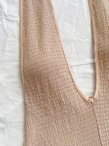 Soleia 大码女士度假针织纹理波浪图案深V领露背性感连体衣，时尚修身连体裤，适合派对、约会、下午茶、波西米亚风度假、海滩、夏季等场合。 - 杏色 - 查看 6