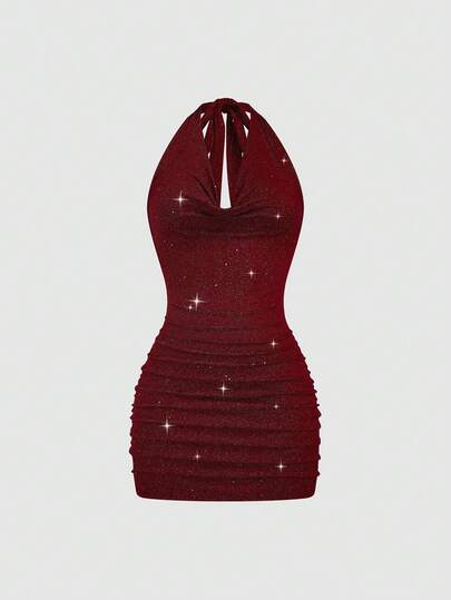 Sweetra Plusstorlek Dam Vintage Romantisk Semesterstil Kort Hög Hals Draperad Rygglös Paljett Bodycon Festklänning, Röd Klänning, Semesterklänning, Strandklänning, Bröllopsklänning, Midjeåtsittande Design, Smal Siluett, Elegant Fransk Stil, Lämplig För Vår, Sommar, Kläder