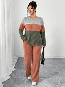 EMERY ROSE 大码条纹撞色圆领长袖修身T恤+条纹宽松长裤两件套，优雅百搭，适合居家、外出、约会、派对等场合。 - 彩色 - 查看 5