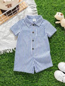 SHEIN Barboteuse décontractée style coréen rayée à col châle pour bébé garçon/fille, convient pour le printemps/été, pour l'intérieur et l'extérieur - Multicolore - Voir 4