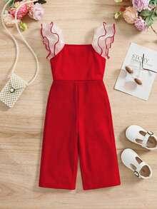 SHEIN Cute Red Patchwork Organza Ruffle Trim Jumpsuit For Baby Girl, Summer Baby Girl Clothes Red Outfit Overall Baby Girl Jumpsuit - Multicolor - View 2