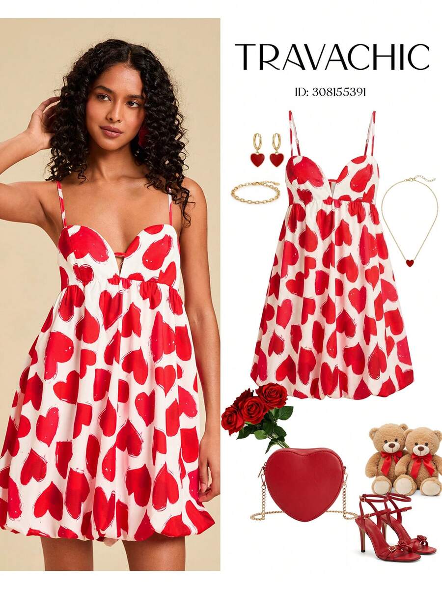 Travachic Heart Print Romantic Vacation Casual Slip Dress, Spring Break Outfits, Summer Outfits, Valentine's Day, Beach Outfits, Casual Vacation Outfits, Going Out Outfits, Heart Dress Vacation Dress