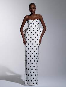 Elitara 优雅奢华波点数码印花缎面手工大蝴蝶结装饰无肩带直筒连衣裙，女士正式晚礼服参考款 - 黑與白 - 查看 4