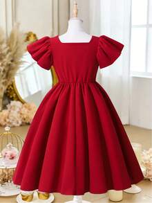 少女奢华仿珍珠串珠泡泡袖缎面派对连衣裙，适合各种活动、生日、迷你裙场合 - 紅色 - 查看 2