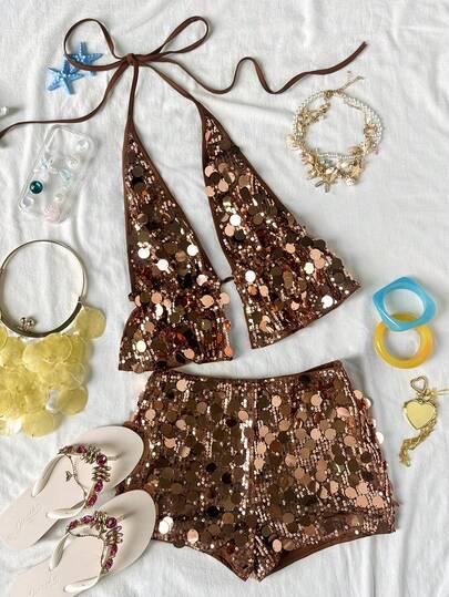 Soleia Women's Sequin Decor Halter Top And Shorts 2 Pieces Set,Sparkly Top,Brown Pants,Brown Top,Summer Vacation Outfits,Summer Outfits For Women