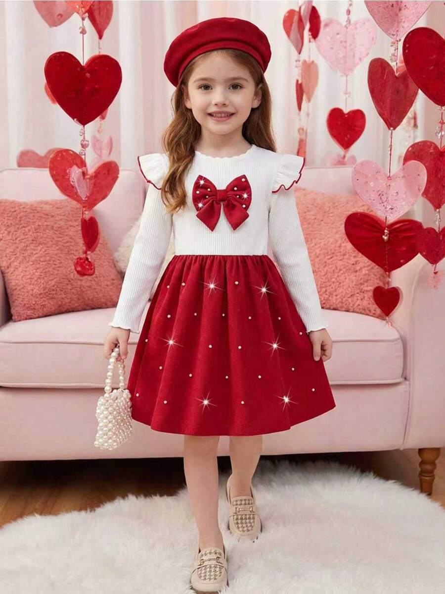 Elladie kids 女童针织罗纹圆领长袖连衣裙，下摆饰有串珠蝴蝶结，红色灯芯绒串珠腰部A字裙摆，适合新年、派对、秋季、春秋、圣诞节等场合。 - 紅白色 - 查看 1