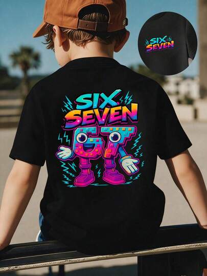 SHEIN Streecool Kids Småbarnspojkar, avslappnad kreativ grafisk t-shirt med nummer 67, tecknat block- och blixttryck, bekväm kortärmad t-shirt för vår, sommar och höst