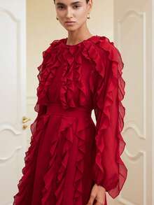 Aveloria Rosie Đầm dài tay màu đỏ trơn sang trọng kiểu châu Âu, chất liệu chiffon cao cấp, xếp lớp, cổ bèo nhún, eo thắt, dành cho nữ. - Màu Đỏ Sâu - Xem 2