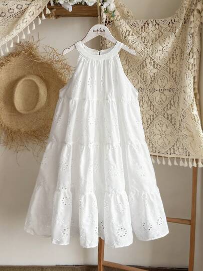 Vintaside Kids Tween Girls' Summer Vacation Solid Color Hollow Embroidery Halter Ruffle Hem Dress